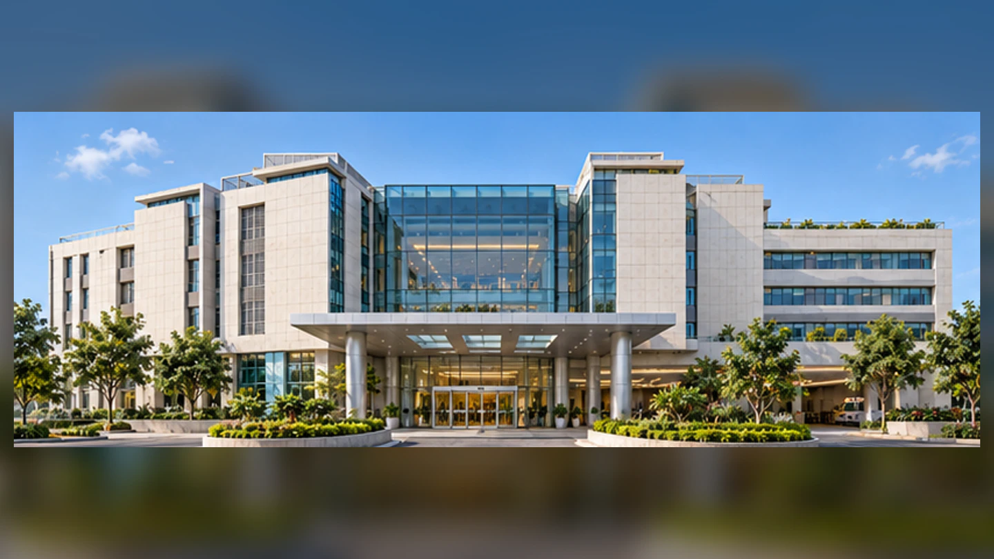 Front elevation of the photoreal modern hospital
